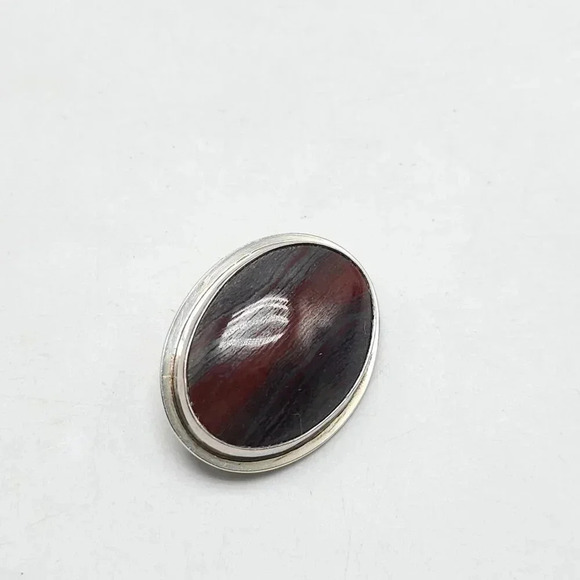 Vintage Lynne .925 Sterling Silver Red Agate Oval Brooch 2 Inch 15.49 Gram - Picture 2 of 5